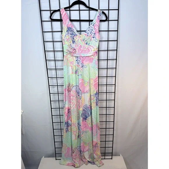 Lilly Pulitzer SLOANE MAXI DRESS Roar Of The Seas Womens XS Multi Floral Coral